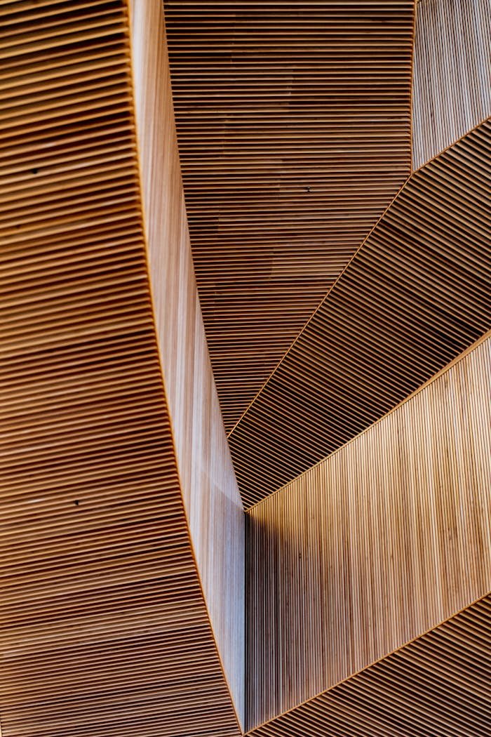 Vertical shot displaying intricate modern wooden structures with abstract shapes and patterns.